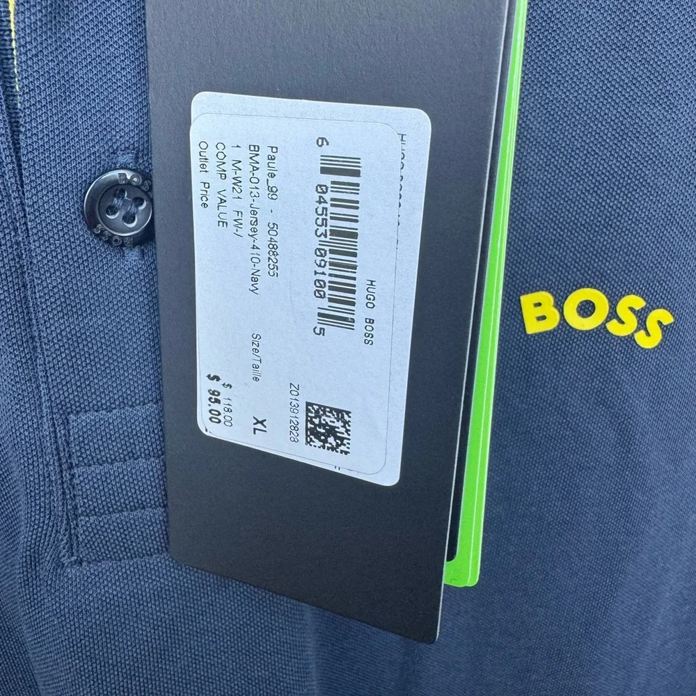 Boss Men's Navy Polo Shirt with Yellow and White Details Size X-Large - Picture 2 of 5